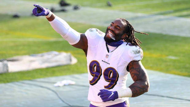 Matt Judon celebrates after an AFC Wild Card game.